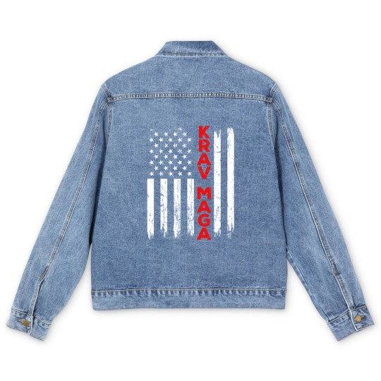 Discover Krav Maga Self Defense USA American Flag Fighter Men's Denim Jackets