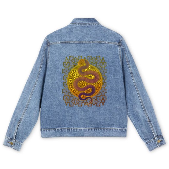 Discover Cosmic Serpent, Kene Anaconda Shipibo Pattern Men's Denim Jackets