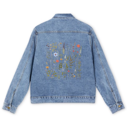 Discover Dried Wildflowers Men's Denim Jackets Boho Style Pressed Wild Flower Men's Denim Jackets