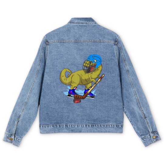 Discover Ice Hockey Dino Hockey Dinosaur Play Ice Hockey Re Men's Denim Jackets