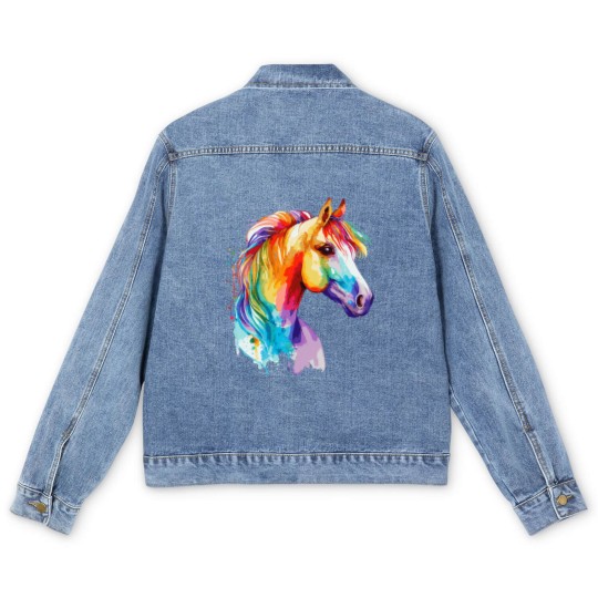 Discover Watercolor Horse Pony Colorful Pet Ponys Lover Men's Denim Jackets