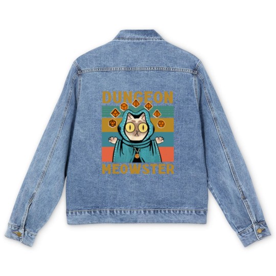 Discover Dungeon Meowster Funny Nerdy-Gamer Cat-D20 Dice RPG Dungeons and Dragons Men's Denim Jackets