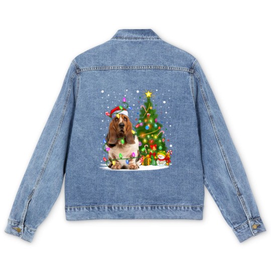 Discover Dog Basset Hound Lighting Xmas Tree Santa Basset Hound Dog Christmas Men's Denim Jackets