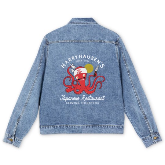 Discover Retro Octopus Chef Harryhausen's Japanese Restaurant Men's Denim Jackets