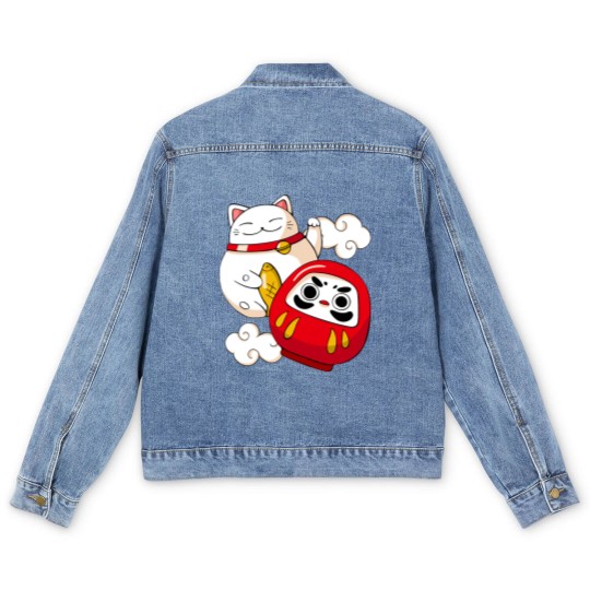 Discover Maneki Neko Lucky Cat Japanese Daruma Doll Kawaii Men's Denim Jackets