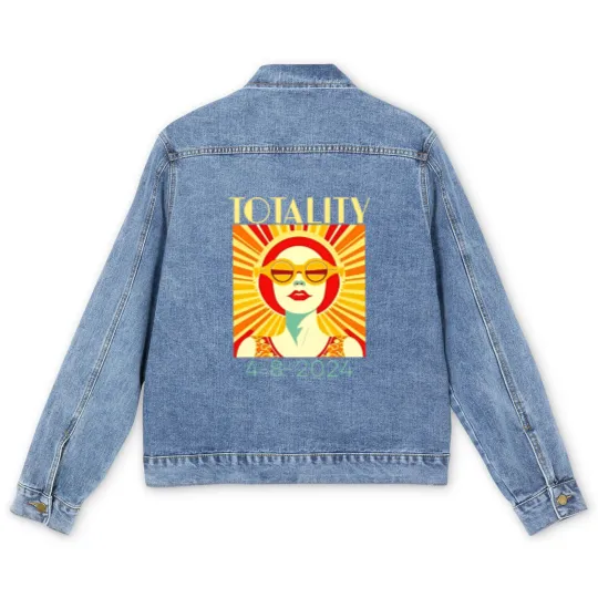 Discover Solar Eclipse Men's Denim Jackets April 8 2024, Totality Eclipse Men's Denim Jackets 4-8-24, Art Deco Solar Eclipse Men's Denim Jackets