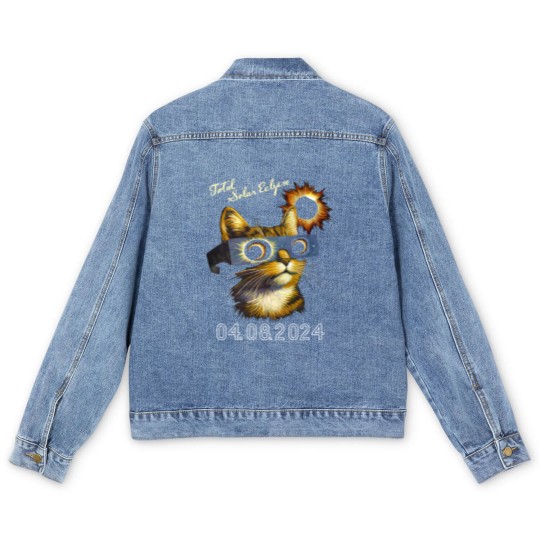 Discover Funny Cat Watching Total Solar Eclipse 2024 Men's Denim Jackets, April 8 2024 Solar Eclipse Men's Denim Jackets