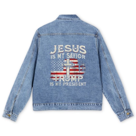 Discover Jesus Is My Savior Trump Is My President American Flag Men's Denim Jackets