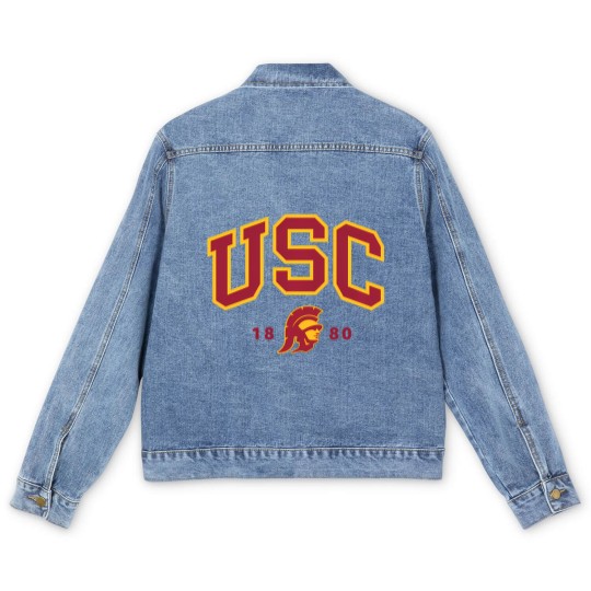 Discover usc curved block logo with cardinal gold trojan 1880 sweat Men's Denim Jackets