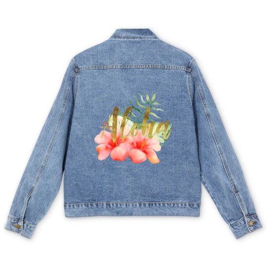 Discover Tropical Leaves Hibiscus Floral Watercolor Aloha Men's Denim Jackets