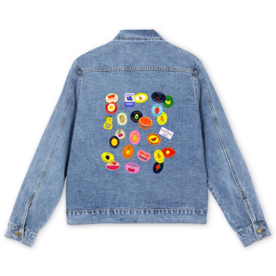 Discover Comfort Colors Fruit Sticker Men's Denim Jackets, Summer Graphic Men's Denim Jackets