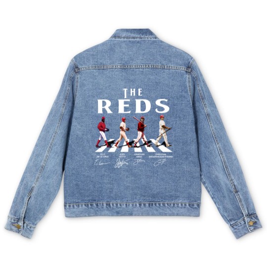 Discover Reds Walking Abbey Road Signatures Baseball Men's Denim Jackets, Elly De La Cruz, Votto, Jonathan India