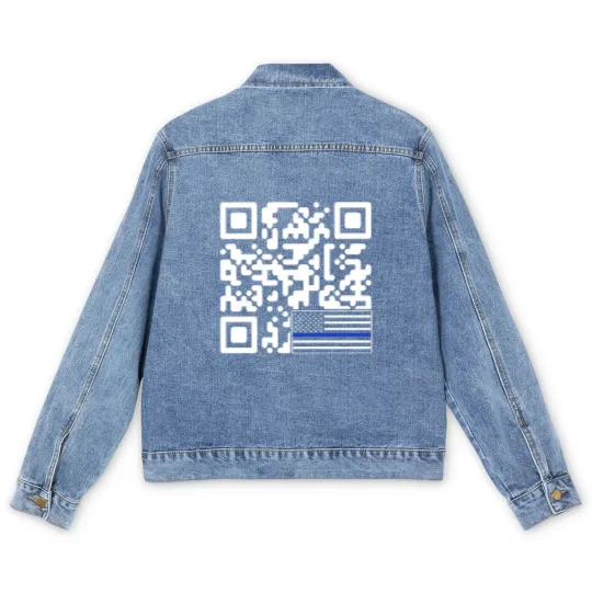 Discover BACK Print - Police Flag Trump Dance QR Code Comfort Colors Men's Denim Jackets,  Republican Men's Denim Jackets