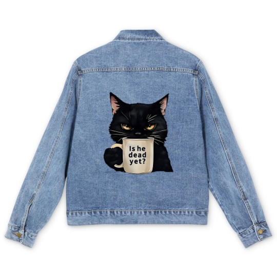 Discover Is He Dead Yet Black Cat Men's Denim Jackets, Dark Humor Graphic, Anti Trump Protest Men's Denim Jackets