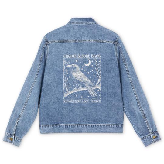 Discover Crows Before Bros Men's Denim Jackets, Funny Halloween Men's Denim Jackets, Punny Crow Men's Denim Jackets