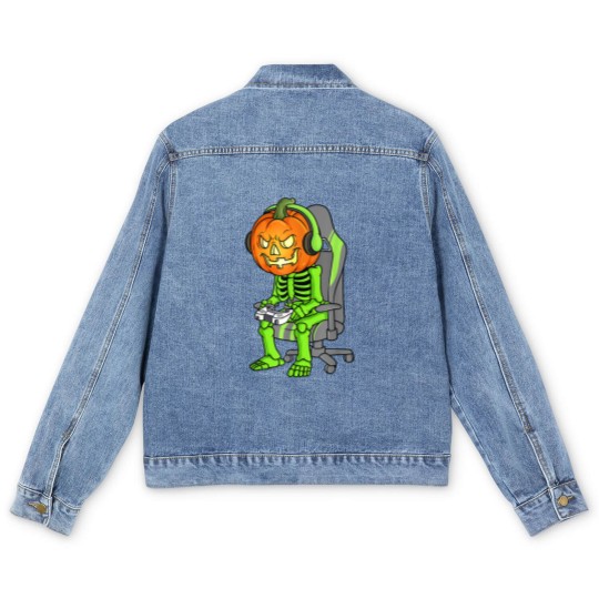 Discover Gaming Halloween Skeleton Jack O Lantern Gamer Boy Men's Denim Jackets
