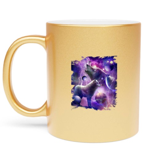 Discover Cosmic Wolf Howling At Moon In SpaceT Metallic Mugs