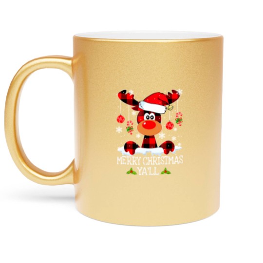 Discover Merry Christmas Ya'll Reindeer Santa Hat Buffalo Red Plaid Metallic Mugs