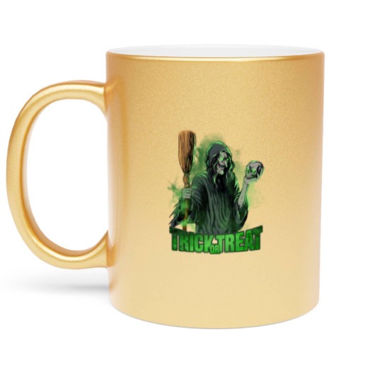 Discover Scary evil Witch with Skull and Broom Halloween Metallic Mugs