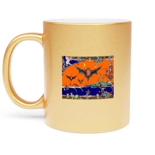 Discover WEIRD MEDIEVAL BESTIARY,FLYING BATS IN NIGHT BLUE Metallic Mugs