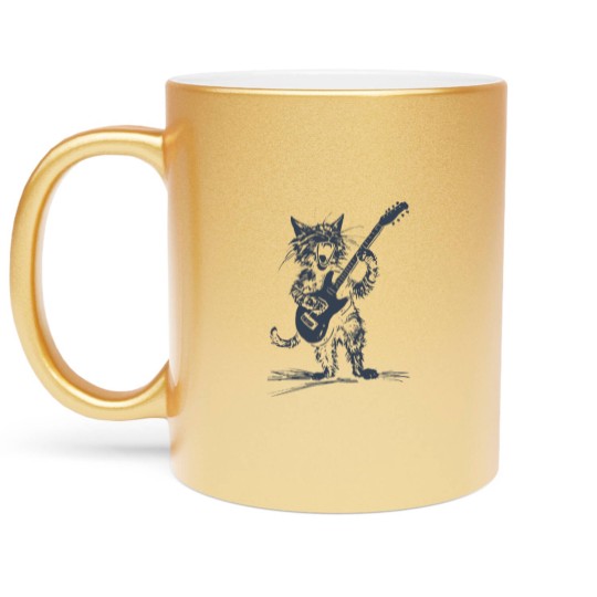 Discover Cat Strumming the Guitar Metallic Mugs, Cat Playing Bass Guitar Metallic Mugs