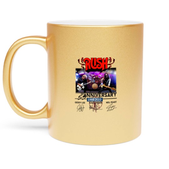 Discover New 55 Years RUSH Band 1968-2023 Signatures Metallic Mugs