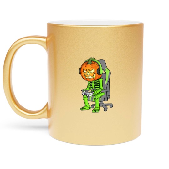 Discover Gaming Halloween Skeleton Jack O Lantern Gamer Boy Metallic Mugs