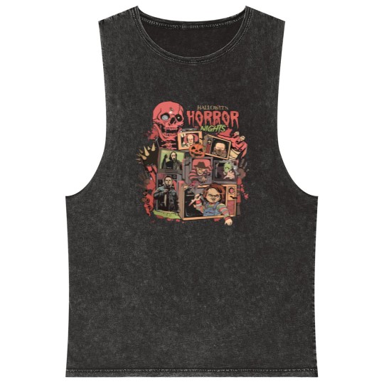 Discover Retro Horror Night  Mineral Wash Tank Tops, Halloween Mineral Wash Tank Tops, Vintage 90s Halloween Movies