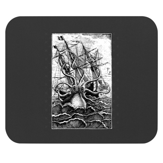 Discover Vintage Kraken attacking ship illustration with white background Mouse Pads