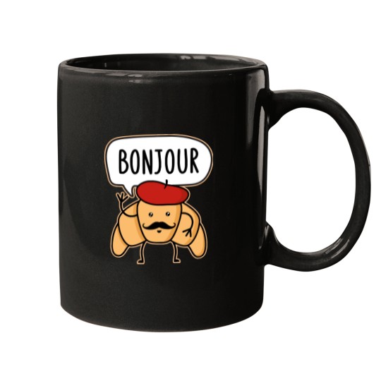 Discover Croissant Lover Bonjour Kawaii Croissant with a Mustache and Beret Hat Mugs