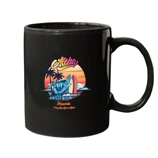 Discover Aloha, Hawaii, paradise for surfers,cool graphic with hawaiian "shaka" gesture Mugs