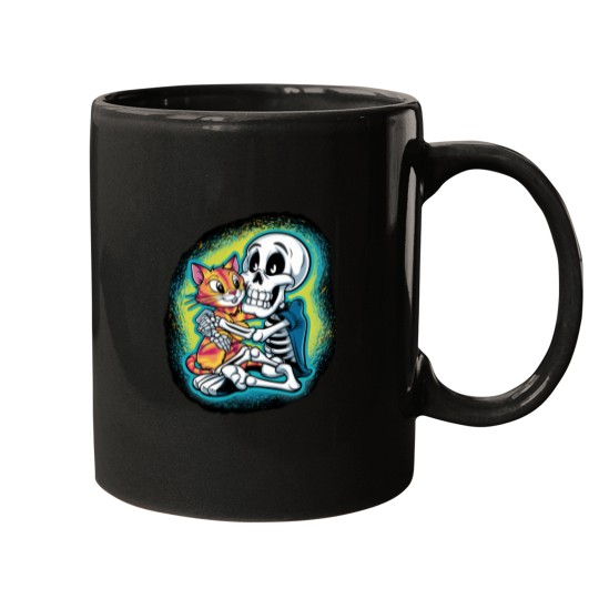 Discover HALLUAN-skeleton hugging cat hoddie design digital art Mugs
