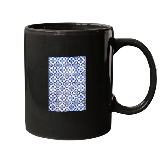 Discover Portuguese tiles. Blue flowers and leaves Long Mugs