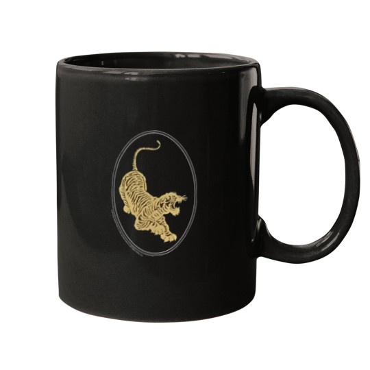 Discover Jerry Garcia Mugs- Tiger Guitar emblem, Gold metallic ink on a Black Mugs
