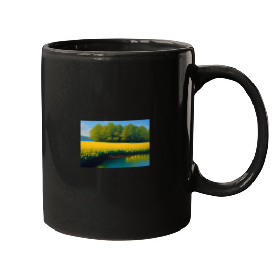 Discover Yellow springtime daffodils by the blue woods stream and coastal salt New Engl and floral landscape n Mugs