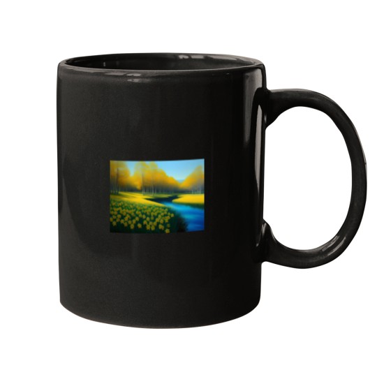 Discover Yellow springtime daffodils by the blue woods stream New Eng land floral landscape nature painting Ac Mugs