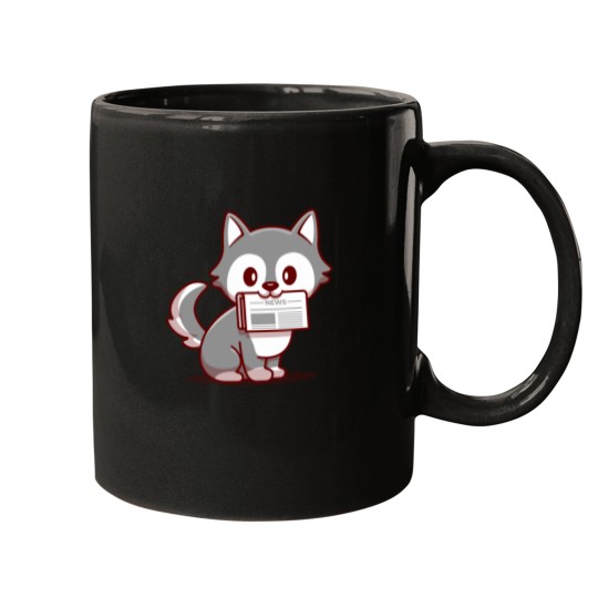Discover Cute Wolf With Newspaper T-Shirt Mugs