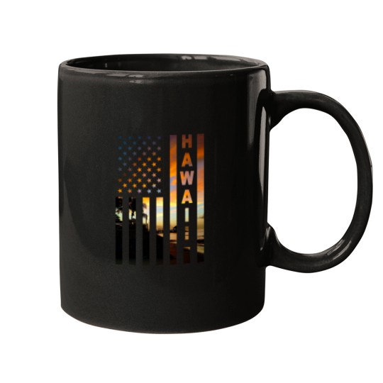 Discover Hawaii Sunset American Flag Honolulu Hawaiian Island Mugs