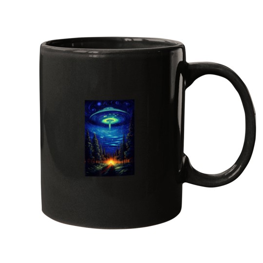 Discover UFO Aliens Flying Saucer Van Gogh Style Starry Ni Mugs