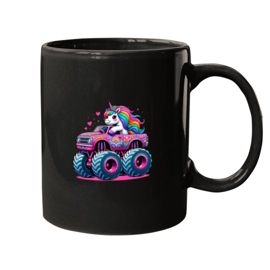 Discover Funny Cute Unicorns Riding A Pink Monster Truck Mugs