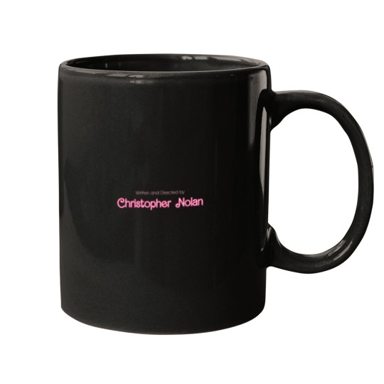 Discover Written and Directed by Christopher Nolan (Barbies Movie Font) in Black Mugs