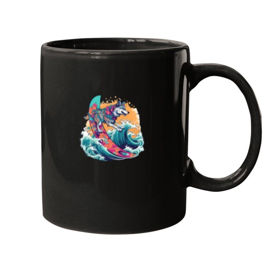 Discover Wolf Surfing 80S Commercial Graphic T Shirt Mugs