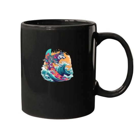 Discover Wolf Surfing 80S Commercial Graphic T Shirt Mugs