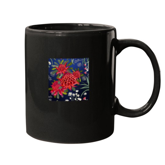 Discover Botanical Australian Native Flowers Waratah Forals Red Blue Bright Contemporary Art Mugs