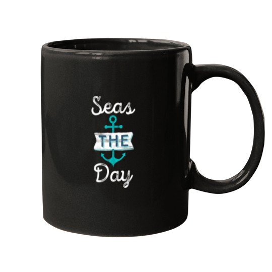Discover Funny Cruise Saying Seas the Day Teal Nautical Anchor Gift Tank Top Mugs