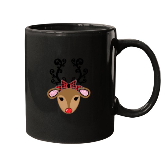 Discover Adorable Reindeer With Red Plaid Bow And Glitter Christmas Design Mugs
