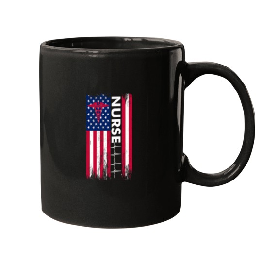 Discover Nurse Flag Heartbeat Line USA American Heroes Nurses Gifts Mugs