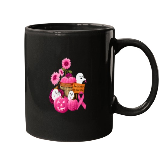 Discover In October We Wear Pink Ghosts Pumpkins For Breast Cancer Mugs