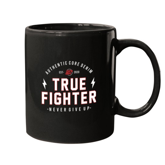 Discover True Fighter Motivational Inspirational Words Quotes Lettering Typography  T Shirt Design Trendy Mugs
