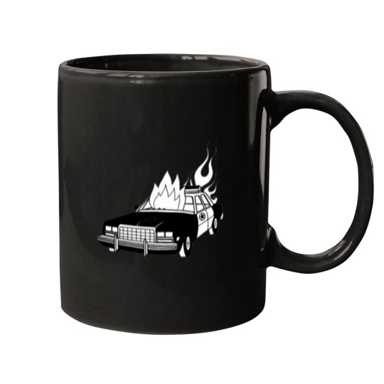 Discover Burning Cop Car Mugs